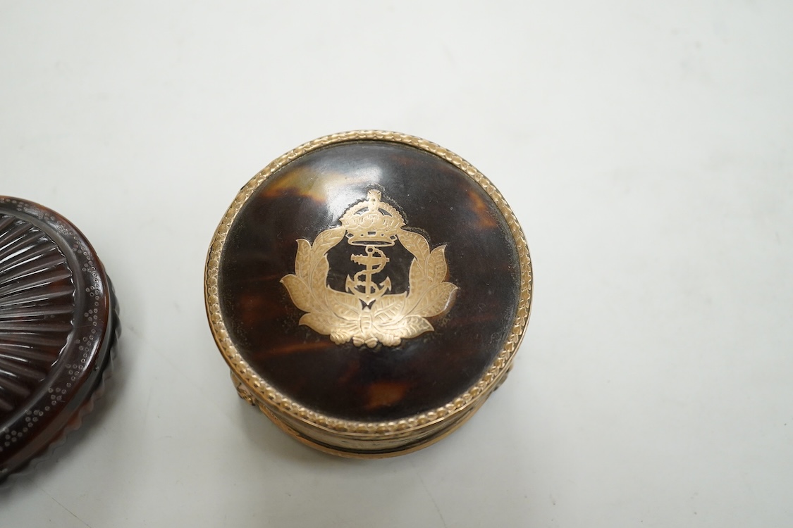 An 18th century tortoiseshell oval fluted snuff box, 89mm and a George V silver and tortoiseshell mounted trinket box, London, 1916.